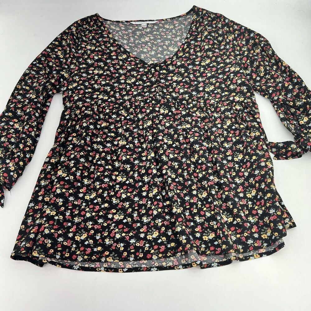 Hatch Black Floral V-Neck Blouse with Pink and Yellow Blossoms